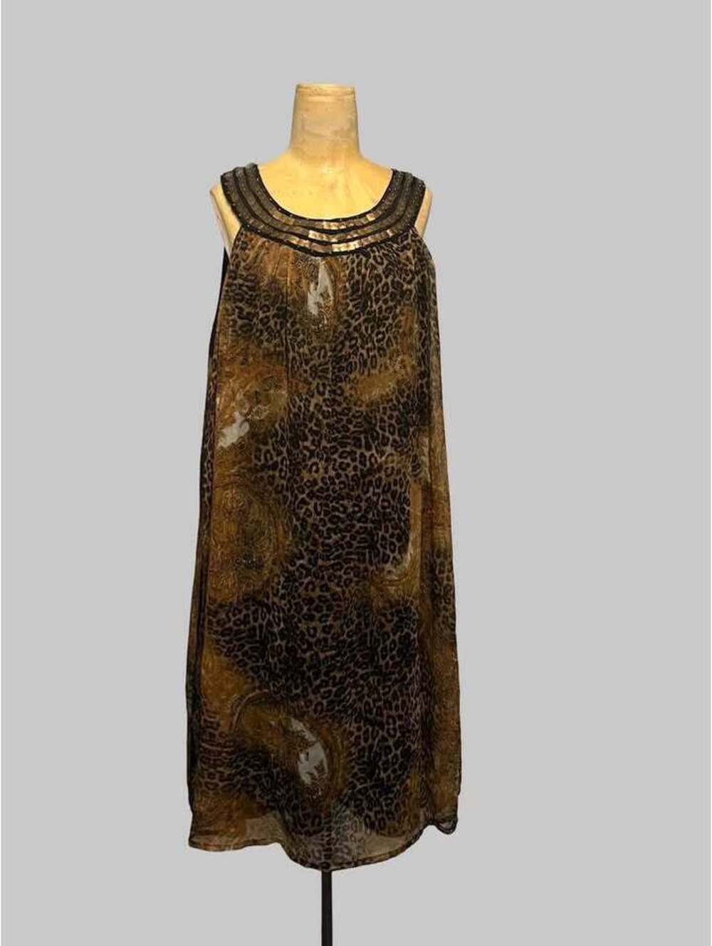 Leopard Print Embellished Neckline Midi Dress